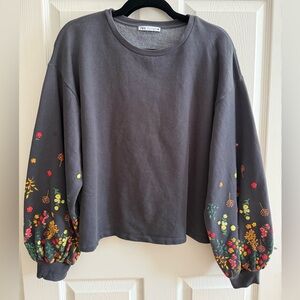 Zara Grey Fleece Sweater with floral detailed sleeves